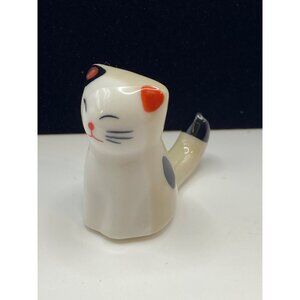 Ceramic Lucky Cat Chopstick Holder Figurine White With Red & Black Accents